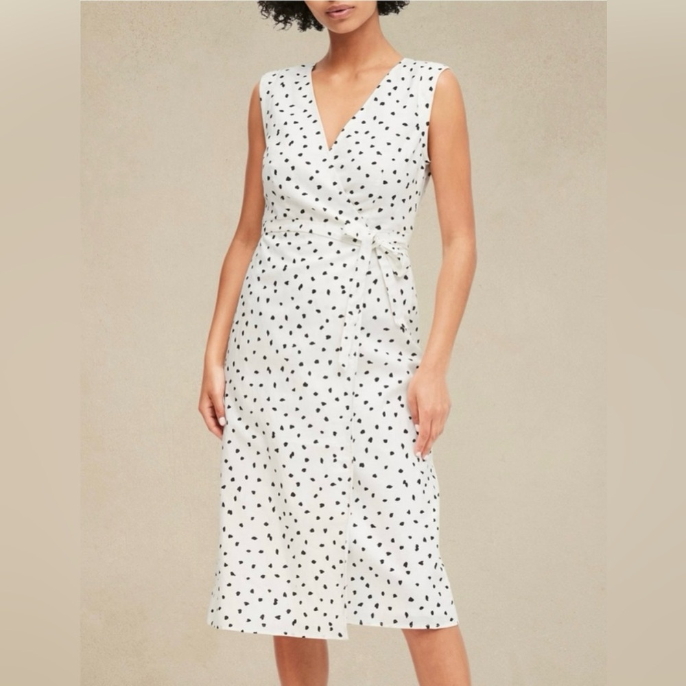 Banana Republic White and Black Polka Dot Linen Midi Wrap Dress